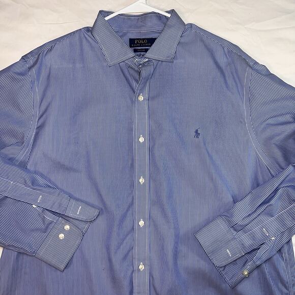 Polo Ralph Lauren Shirt Men’s Size 18 34/35 Blue White Striped Easy Care Office - Picture 2 of 14
